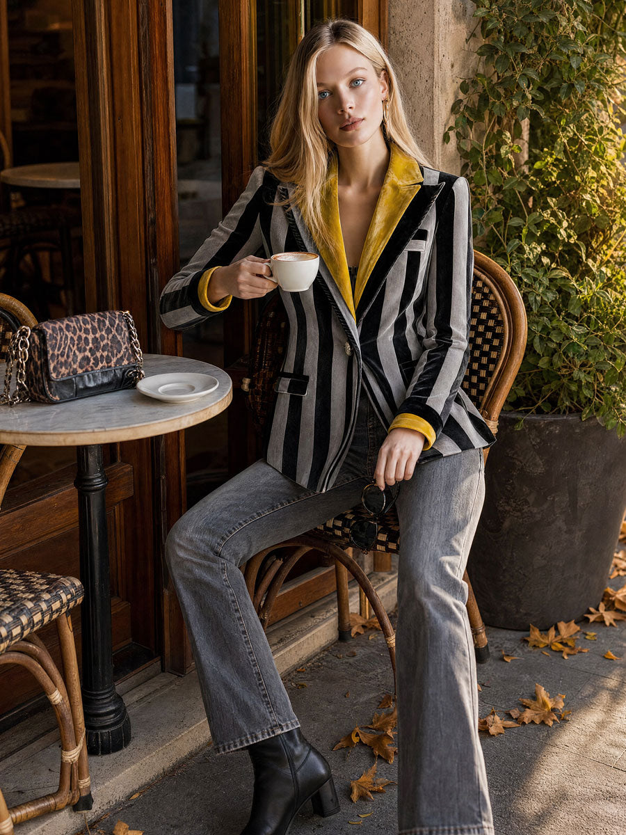 Retro-elegant Color-blocked Collar Gray Striped Velvet Blazer