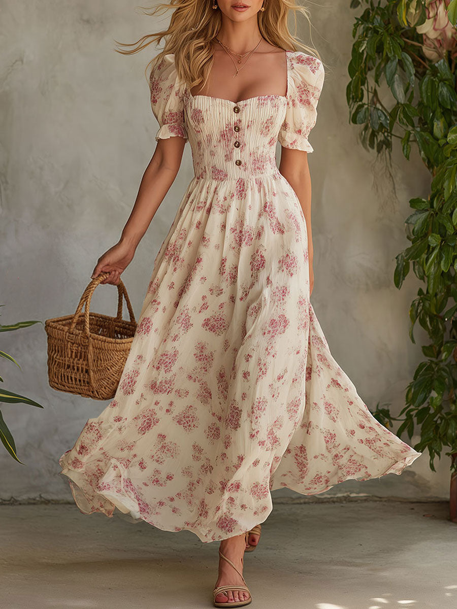 Retro Elegant Pink Floral Off-white Short-sleeved Square Neck Chiffon Maxi Dress
