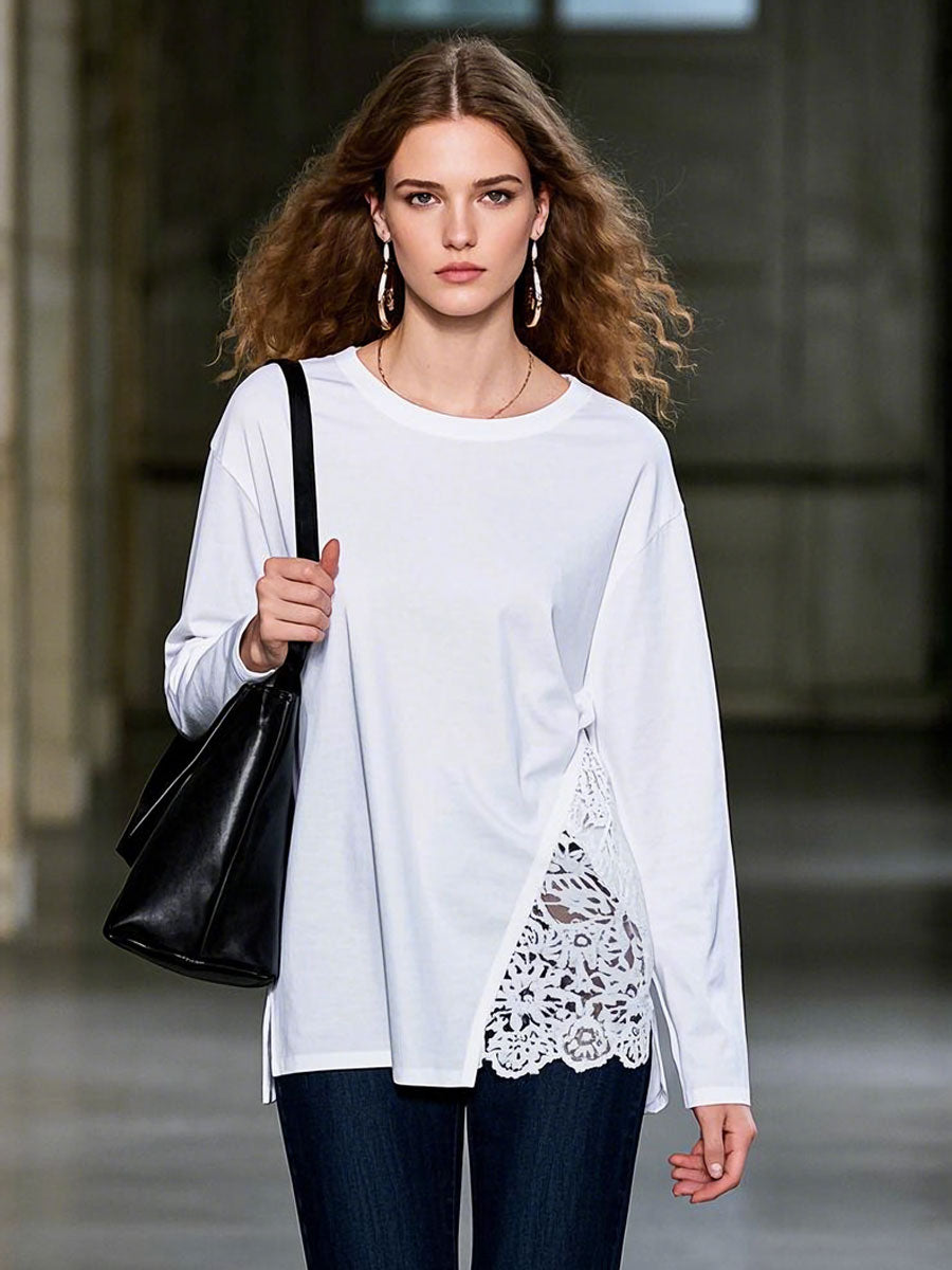 Casual Loose Round Neck Lace Splicing Split Cotton Long Sleeve T-shirt