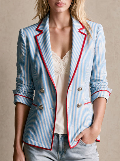 Retro-style Color-blocked Trim Blue Striped Double-breasted Cotton Blazer