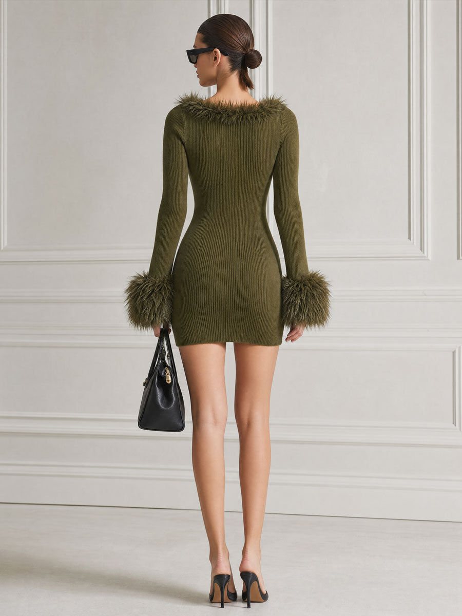 Stylish And Elegant Frayed Square Neck Olive Green Knitted Long-sleeved Mini Dress