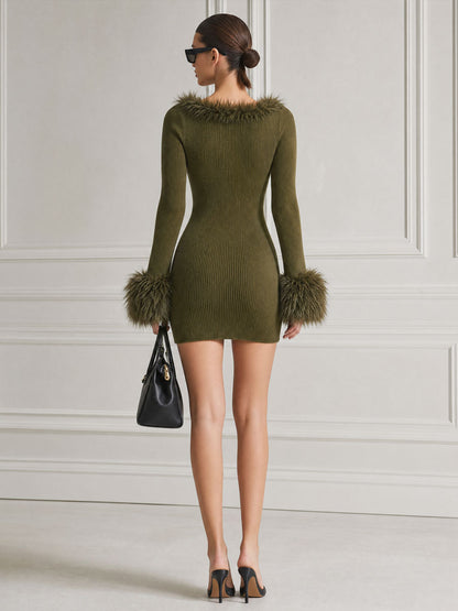Stylish And Elegant Frayed Square Neck Olive Green Knitted Long-sleeved Mini Dress