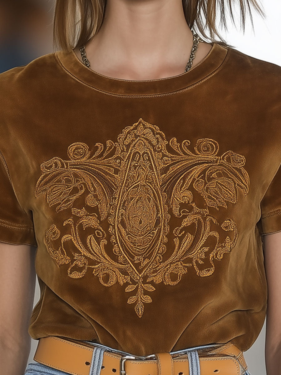 Casual Retro Brown Suede Ethnic Style Embroidery Round Neck Short Sleeve T-Shirt