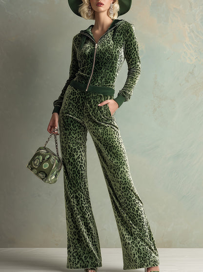 Retro Elegant Green Leopard Print Hooded Velvet Jumpsuit