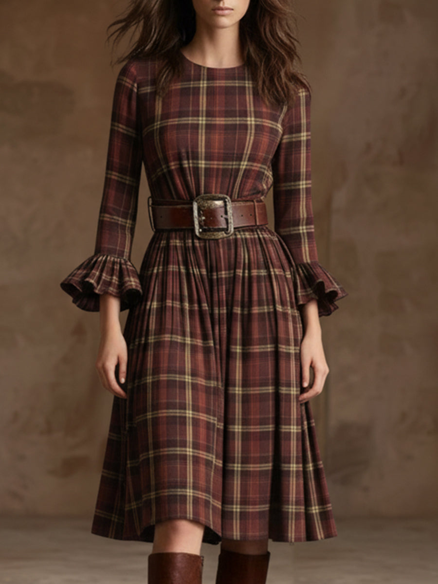 Elegant Retro Brown-red Plaid Flared Sleeve Midi Dress