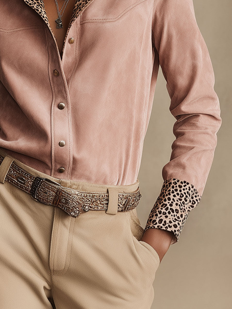 Western Retro Leopard Print Pink Faux Suede Long-Sleeve Shirt