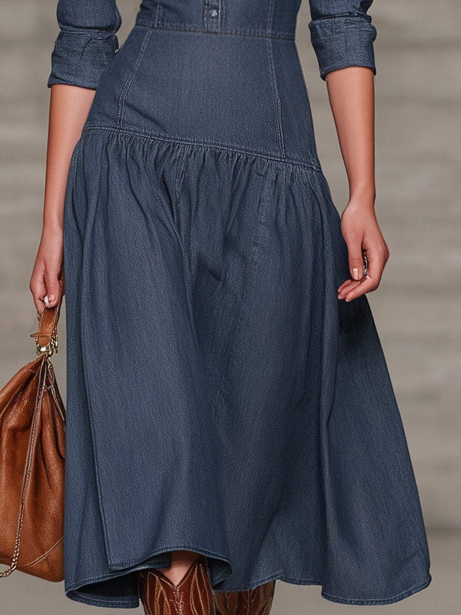 Stylish Blue Denim Button-down Long-sleeved Midi Dress