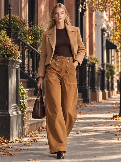 Vintage Caramel Women High Waist Button Front Wide Leg Pants
