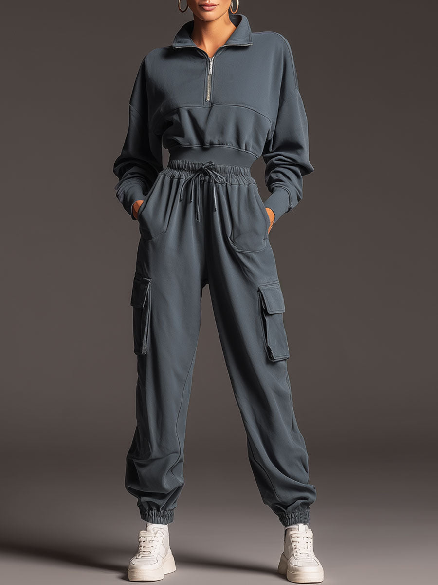 Sporty Retro Gray-Blue Cotton Long-Sleeved Half-Zip Sweatshirt And Cargo Pants Set