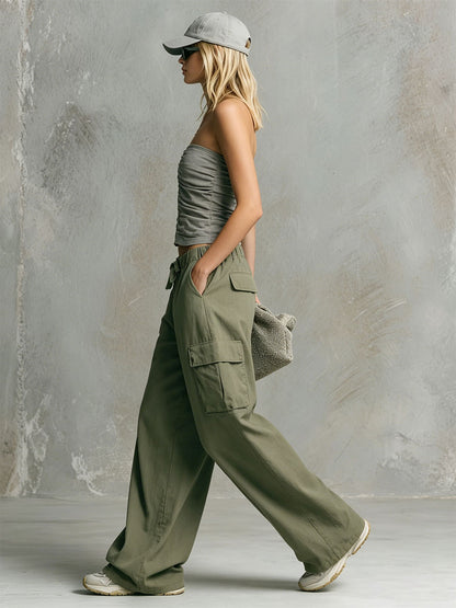 Retro Casual Gray Strapless Cotton-linen Top And Green Cargo Pants Set