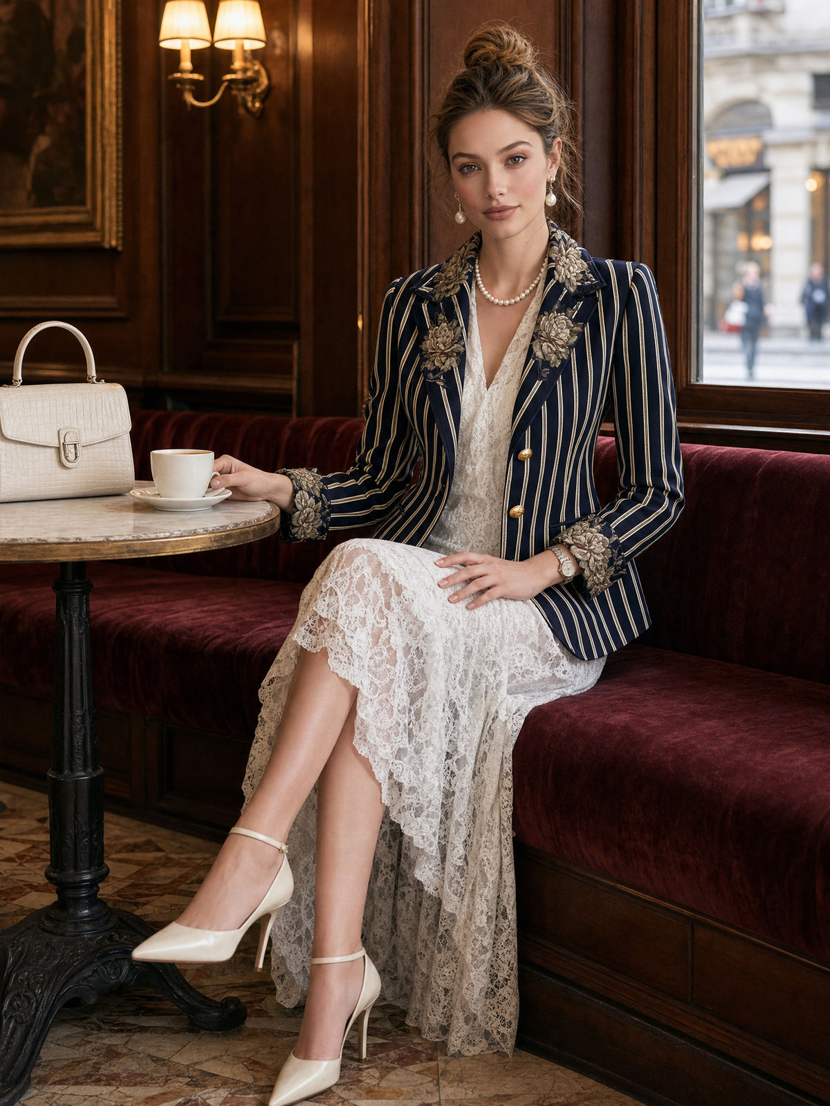 Fashionable Retro Peony Striped Navy Blue Suit Jacket
