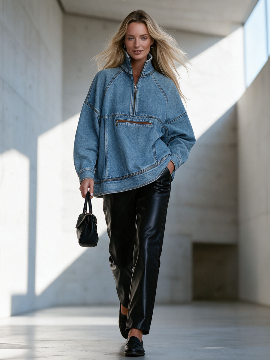 Casual Retro Light Blue Half-zip Stand-up Collar Denim Sweatshirt