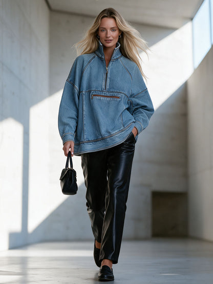 Casual Retro Light Blue Half-zip Stand-up Collar Denim Sweatshirt