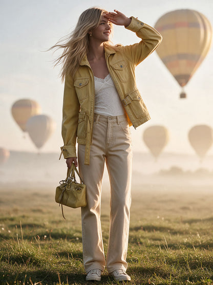 Retro Yellow Collared Zip-up Belt Multi-pocket Denim Jacket
