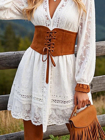 Casual Vintage Long Sleeve Lace Shirt Tie Waist Mini Dress