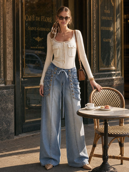 Military-style Retro Studded Lace-up Washed Blue Jeans