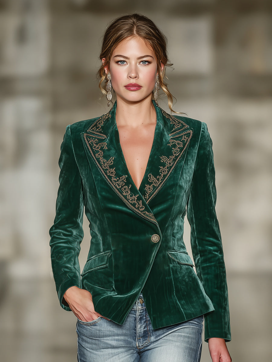 Fashionable Emerald Green Velvet Collar Embroidered Blazer
