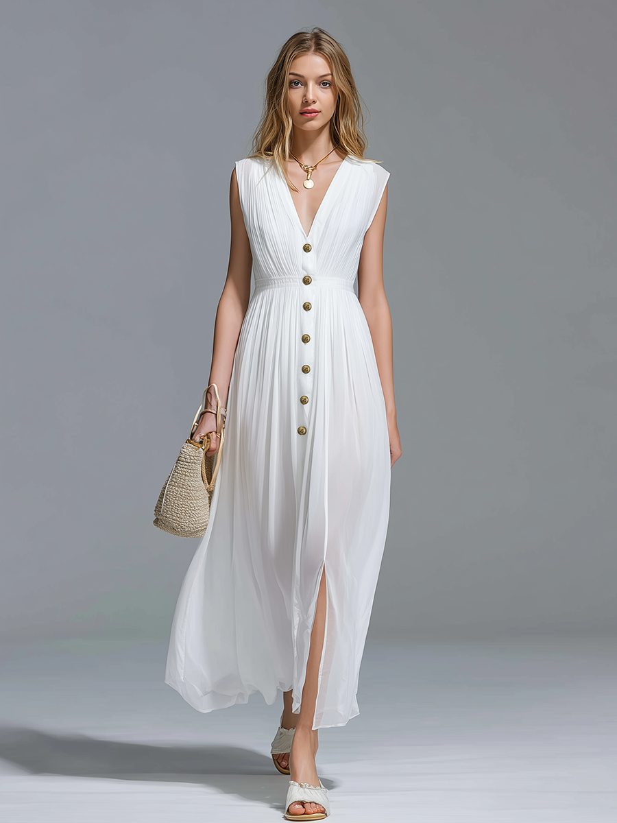 Elegant And Beautiful V-neck Wide-shoulder Sleeveless Chiffon Maxi Dress