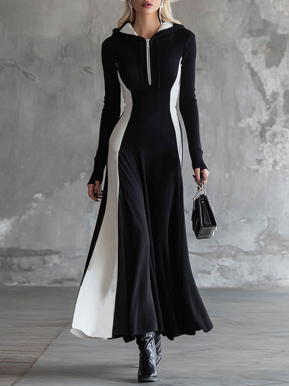 Fashionable Sporty Black And White Patchwork Hooded Half-zip Maxi Dress