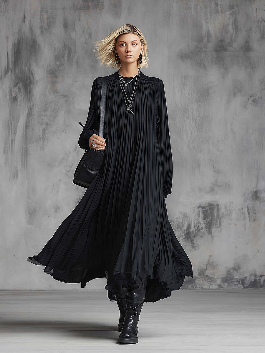 Elegant Urban Silhouette Black Chiffon Pleated Maxi Dress