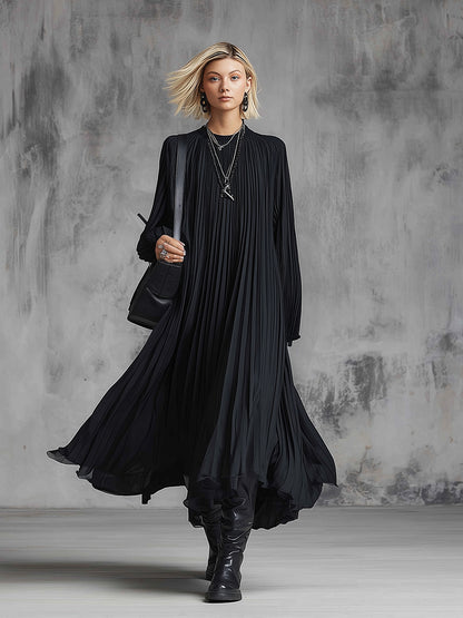 Elegant Urban Silhouette Black Chiffon Pleated Maxi Dress