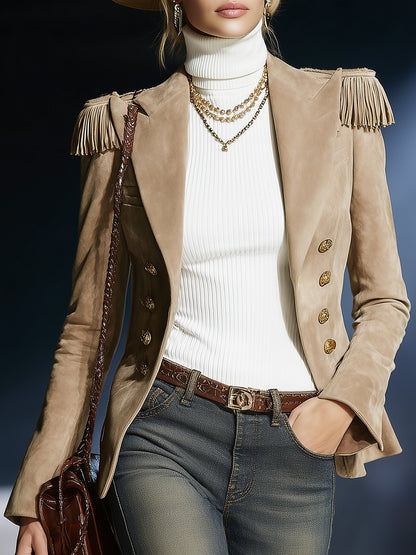 Fashionable Western Beige Suede Double-Breasted Set