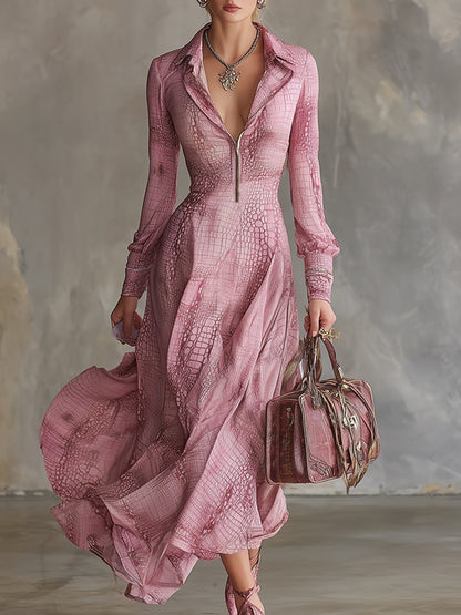 Trendy Urban Pink Crocodile Print Chiffon Maxi Dress