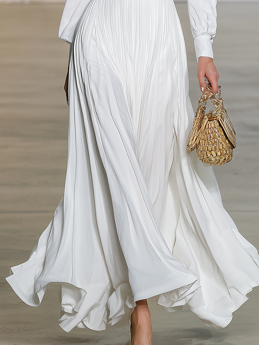 Stylish White Satin V-neck Pleated Maxi Dress