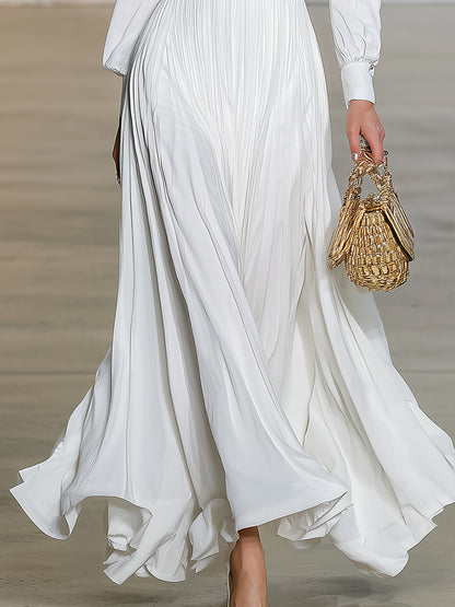 Stylish White Satin V-neck Pleated Maxi Dress