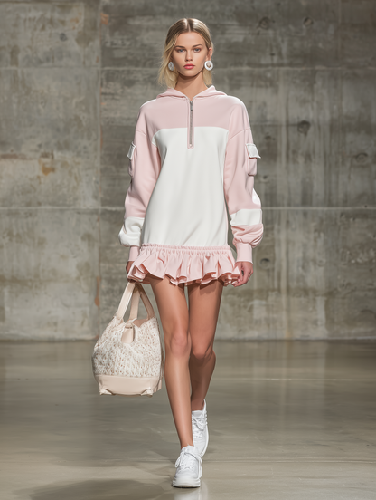 Stylish Pink And White Color-block With A Half-zip And Ruffled Hem Mini Dress