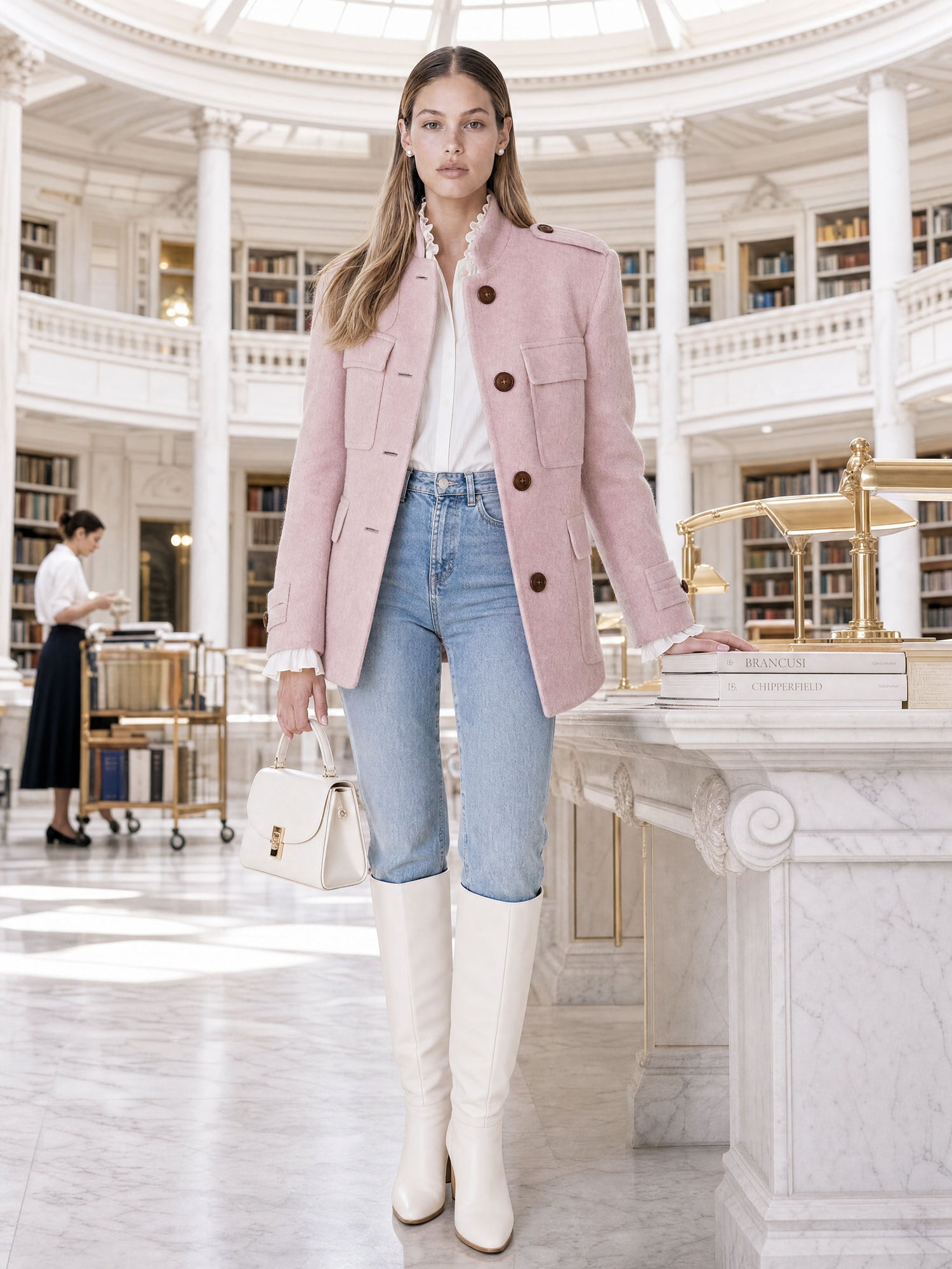Casual And Simple Stand-up Collar Pink Multi-pocket Workwear Coat