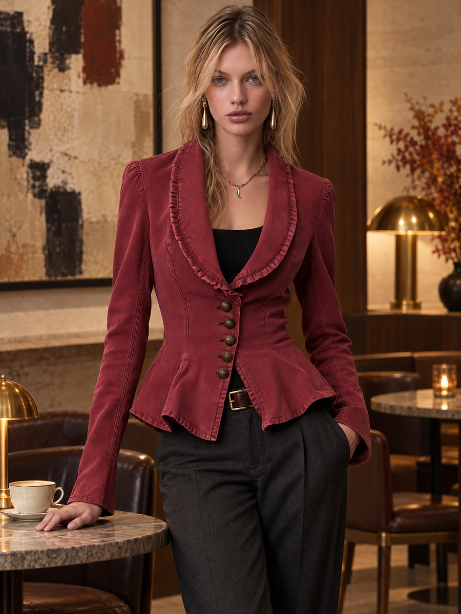 Victorian Burgundy Women Ruffle Collar Peplum Fitted Denim Jacket