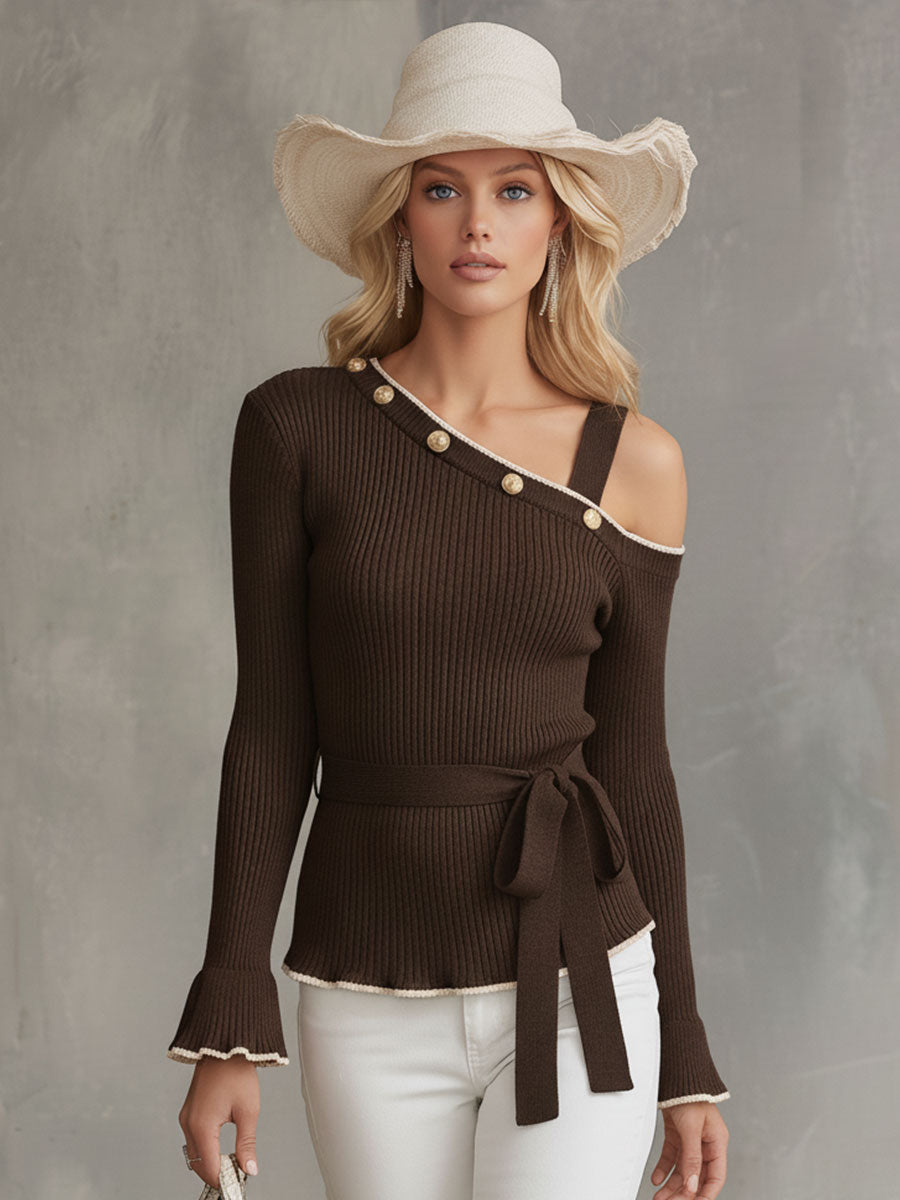 Elegant And Retro-style Brown Knitted Off-the-shoulder Sweater