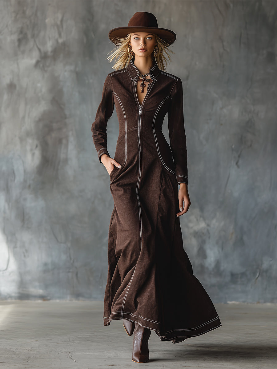 Chic Urban White-stitched Brown Denim Maxi Dress