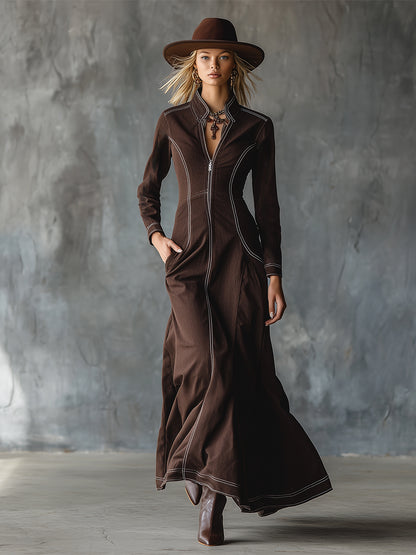 Chic Urban White-stitched Brown Denim Maxi Dress