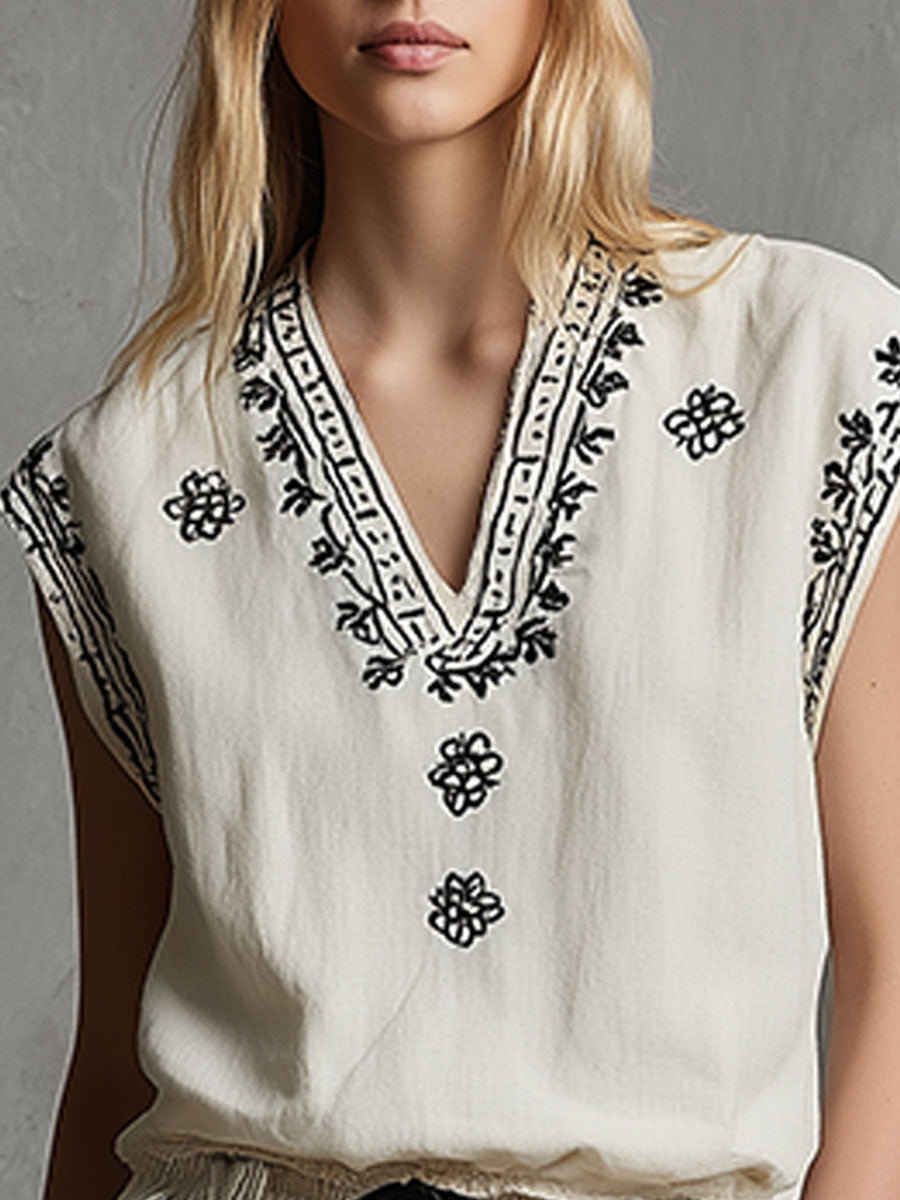 Casual Retro Embroidered White Sleeveless Cotton And Linen Shirt And Shorts Set