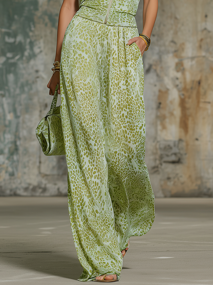 Retro Elegant Leopard Print Lapel Sleeveless Chiffon Top And Wide-leg Pants Set