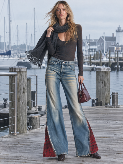 Y2K Plaid Patchwork Frayed Hem Flare Jeans