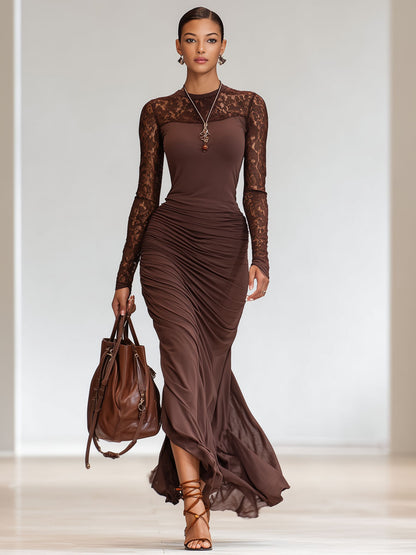 Round Neck Lace Patchwork Long Sleeve Maxi Dress