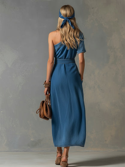 Stylish Urban Blue Denim One-shoulder Short-sleeved Maxi Dress