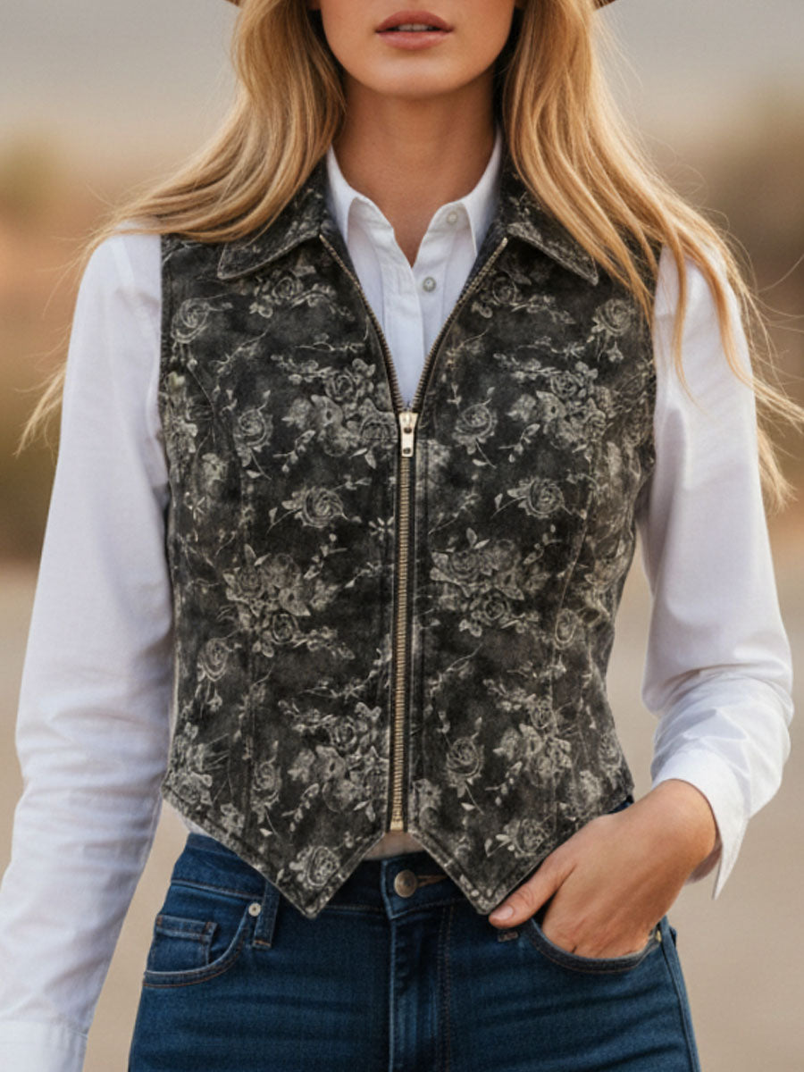 Retro-style Collared Zipper Denim Floral Vest
