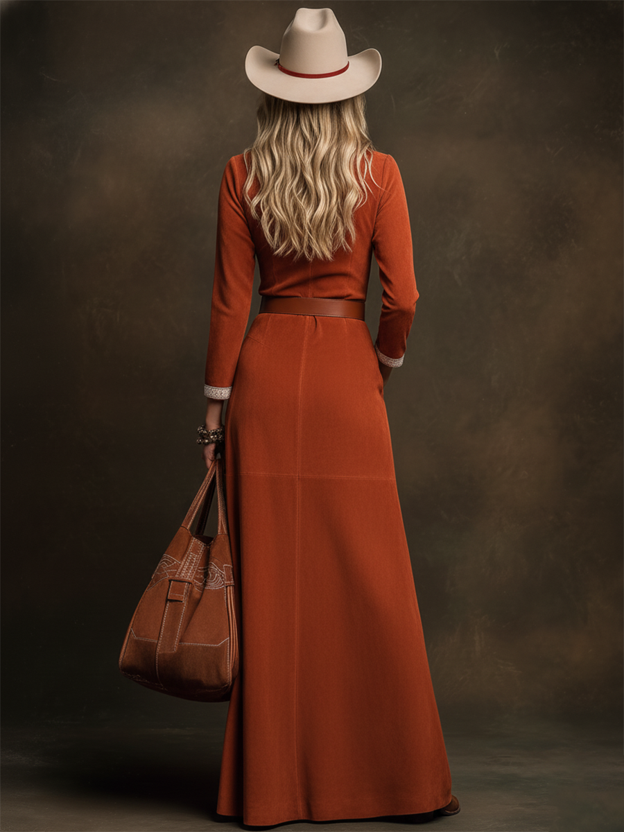 Minimalist Western-style V-neck White Suede Maxi Dress