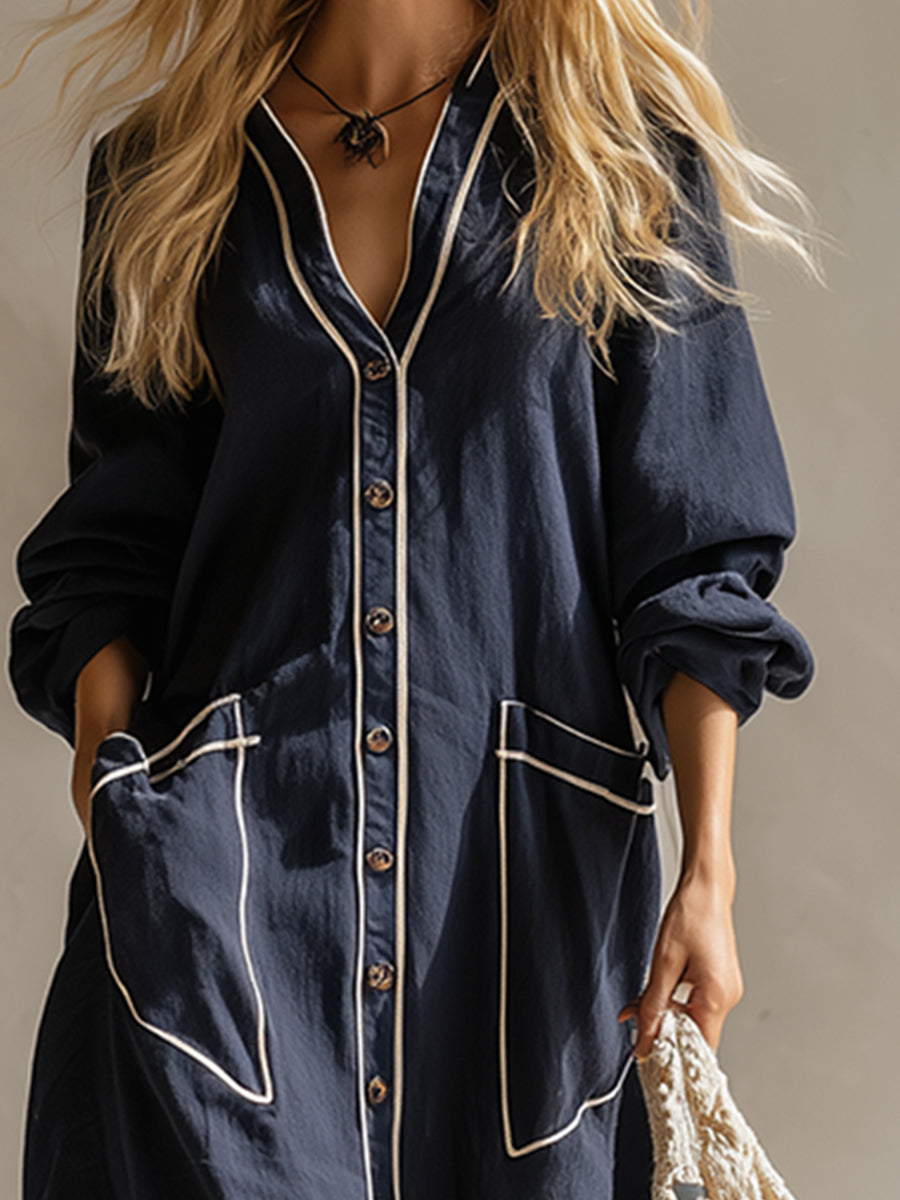 Elegant Urban-style Navy Blue Cotton And Linen Maxi Dress