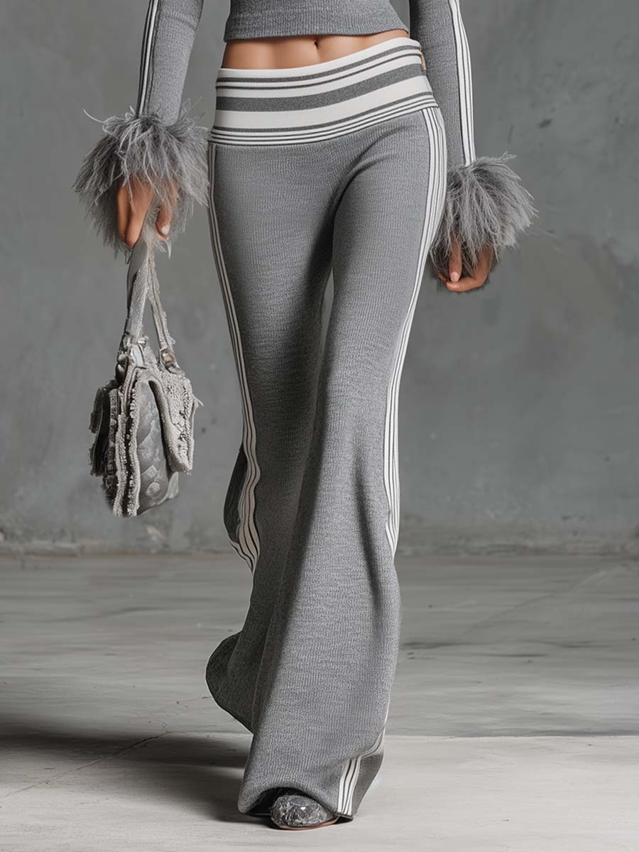 Retro Fashion Sporty Gray Knitted Feather Cuffs High-neck Top And Slim-fit Flared Pants Suit