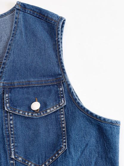 Casual Vintage Blue Denim V-Neck Tie Sleeveless Tassel Mini Dress