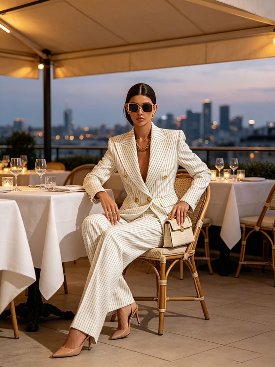 Retro-elegant Beige Striped Double-breasted Blazer