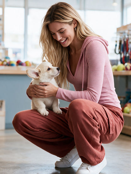 Sporty Retro Pink Striped Hoodie And Brick Red Cotton Pants Set