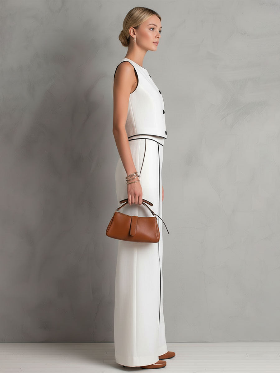 Stylish And Casual Black-trimmed White Cotton Top And Split-leg Wide-leg Pants Set