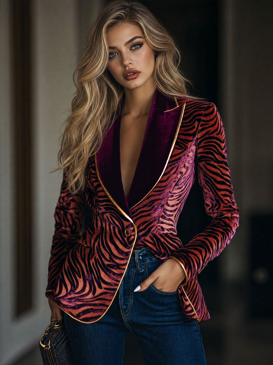 Casual Loose Vintage Velvet Zebra Pattern Gold Wire Striped Lapel Pocket Blazer