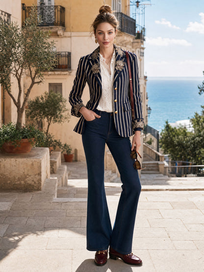 Fashionable Retro Peony Striped Navy Blue Suit Jacket